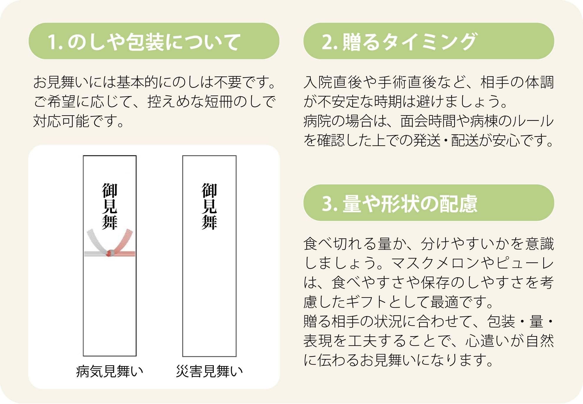 1. のしや包装について・2. 贈るタイミング・3. 量や形状の配慮